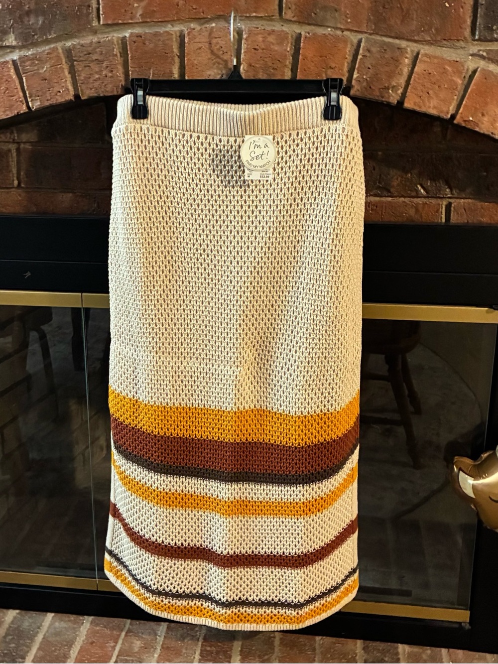 NWT! Cato Cream Midi Knit Skirt with Mustard & Brown Stripes